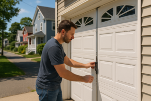 Homeowner inspecting a garage door for signs of repair needs in a suburban Boston neighborhood