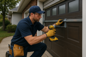 Technician installing a modern garage door on a residential home in Greater Boston
