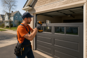 Professional technician installing a new modern garage door on a suburban home in Boston, Massachusetts