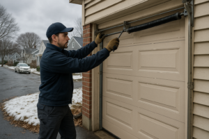 Technician repairing a residential garage door in a Boston neighborhood