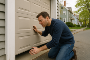 Homeowner inspecting a malfunctioning garage door in a suburban Massachusetts neighborhood during an emergency repair situation