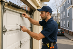 Professional garage door technician inspecting a residential garage door in a Boston neighborhood