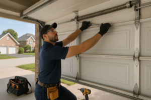 Technician repairing a residential garage door in a Boston neighborhood