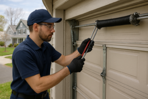 Professional garage door technician repairing a residential garage door in a Massachusetts home