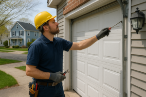 Professional technician inspecting a residential garage door in a Boston neighborhood