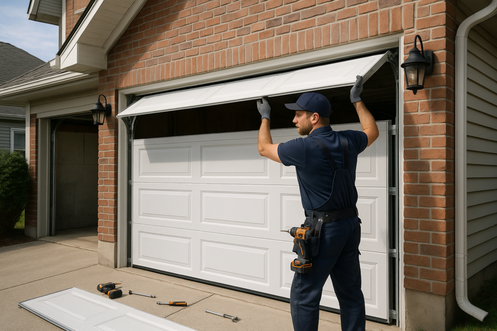 Technician installing a modern garage door on a residential home in Boston, Massachusetts
