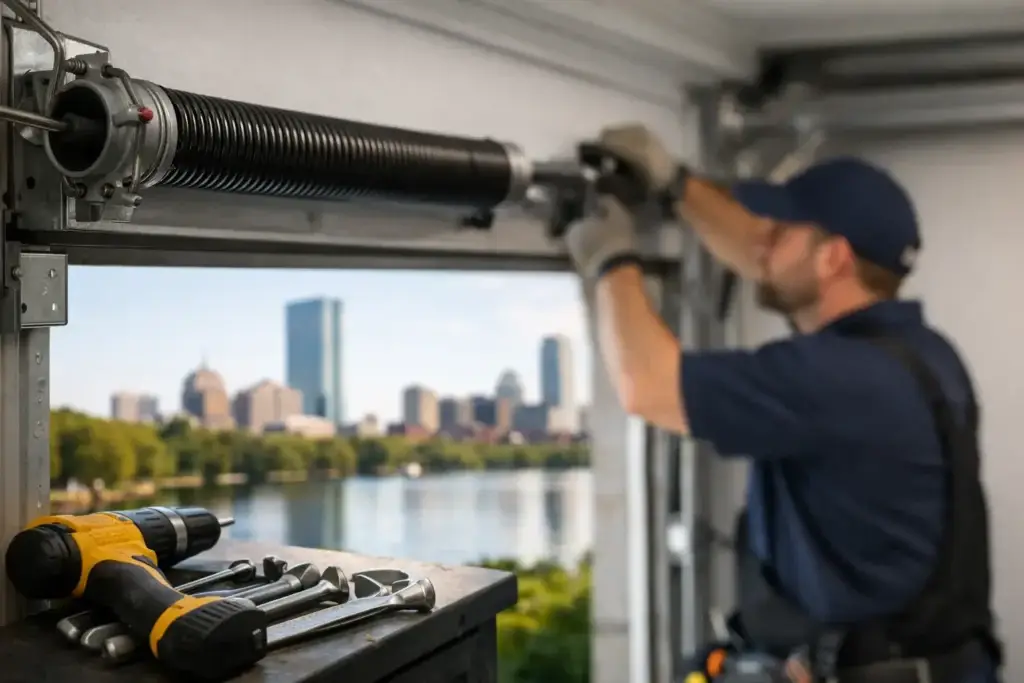 Garage door spring replacement in Boston, technician repairing torsion spring with tools.
