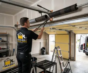 Technician repairing commercial garage door springs and cables in Boston.