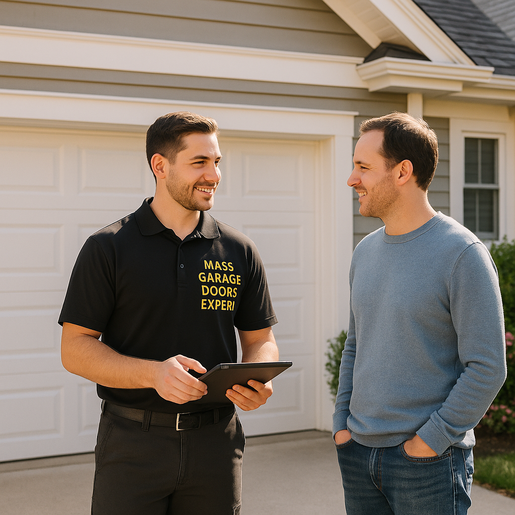 Garage door repair professional fixing a garage door in Brighton MA