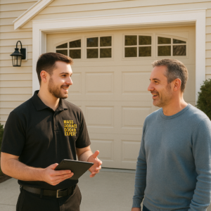 Mass Garage Doors Expert technician discussing garage door repair options with a homeowner