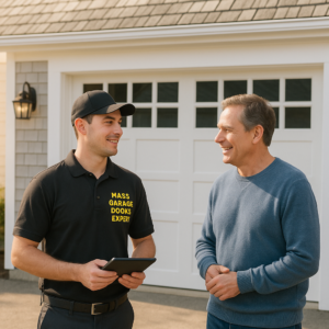 Mass Garage Doors Expert technician discussing garage door repair with homeowner in the greater Boston