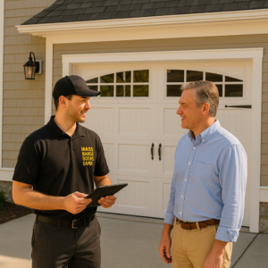 Mass Garage Doors Expert technician inspecting a residential garage door with homeowner in Byfield, MA.
