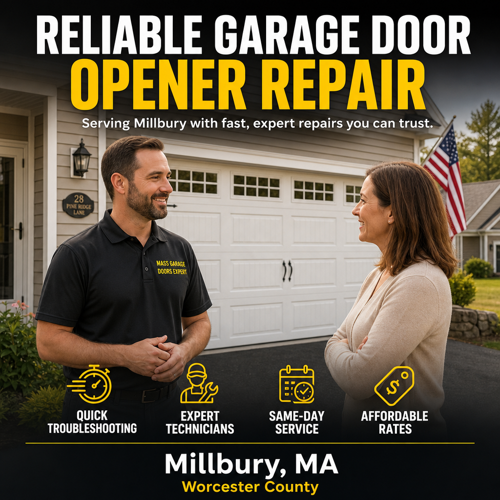 Technician repairing a garage door opener in Millbury, MA